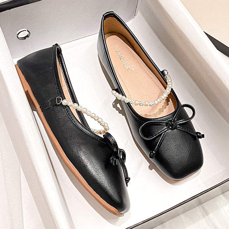 Square Toe Bow Pearl Rhinestone Chain Slip-On Shoes