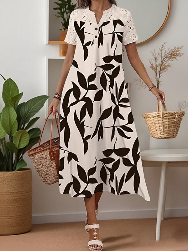 Printed Short-Sleeved Casual Long Dress
