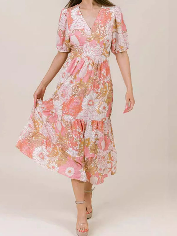 New V-Neck Floral Print Long Dress