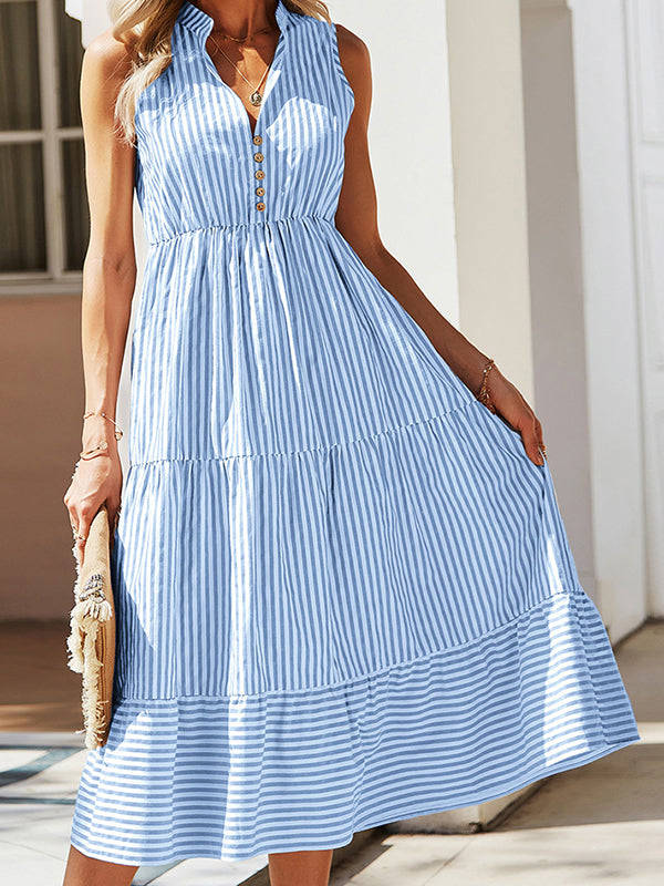 New Striped V-Neck Elastic Waist Dress