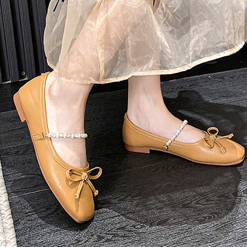 Square Toe Bow Pearl Rhinestone Chain Slip-On Shoes