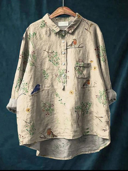 Boughs And Robin Birds Pattern Printed Women's Casual Linen Cotton Top And Dress