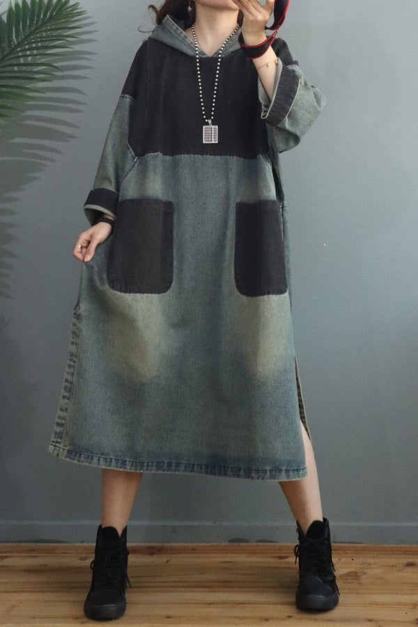 Color Block Denim Hooded Dress