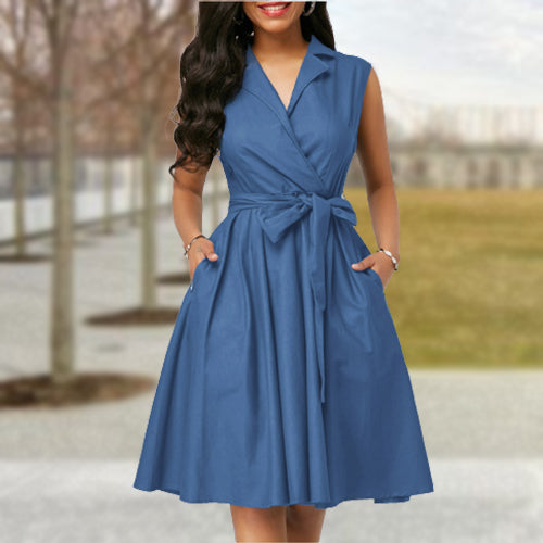 Ladies Sleeveless Lapel Dress