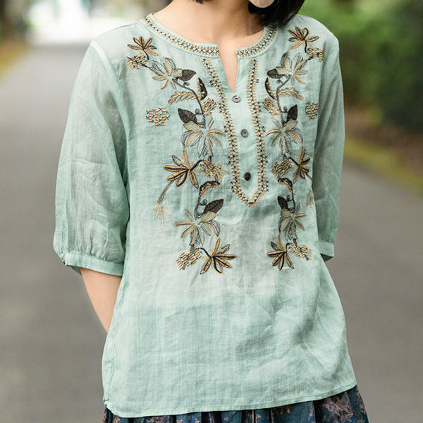 Vintage Embroidered V-Neck Top