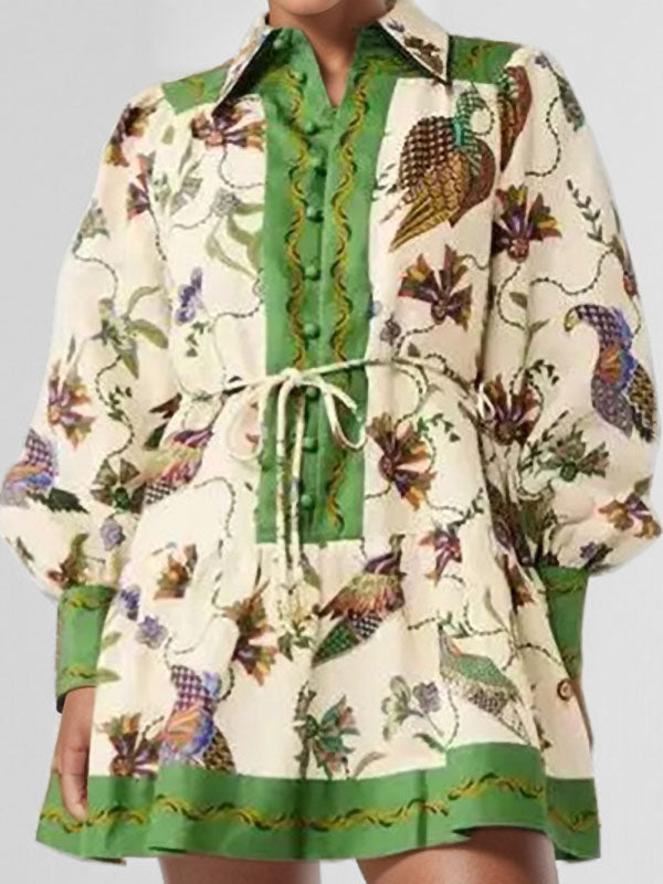 New Lace-up Printed Lapel Pleated Dress