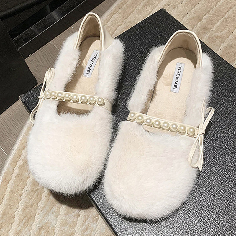 Plush Pearl Bow Round Toe Slip-On Shoes