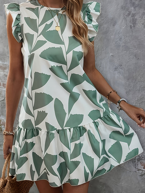 New Style Ruffle Sleeve Printed Elegant Dress