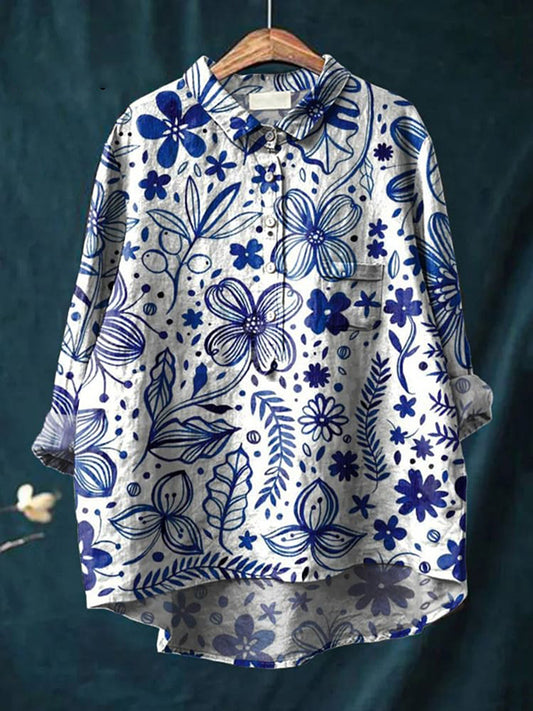 Women's Floral Art Print Casual Linen Cotton Top And Dress
