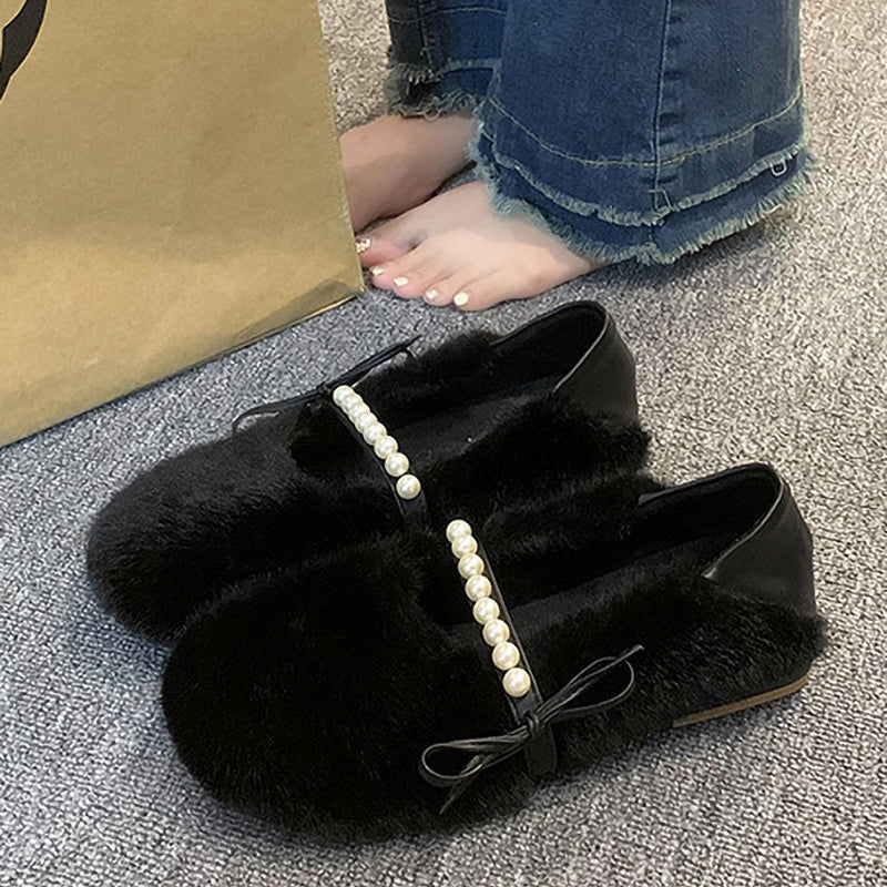 Plush Pearl Bow Round Toe Slip-On Shoes