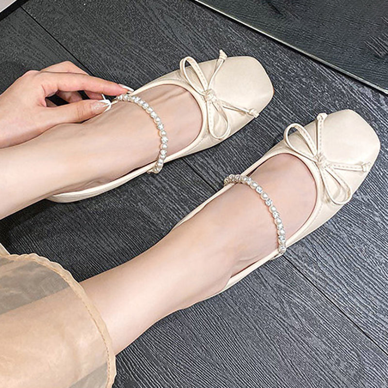 Square Toe Bow Pearl Rhinestone Chain Slip-On Shoes