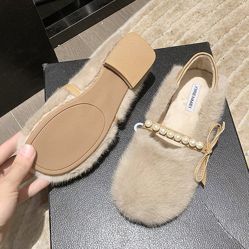 Plush Pearl Bow Round Toe Slip-On Shoes
