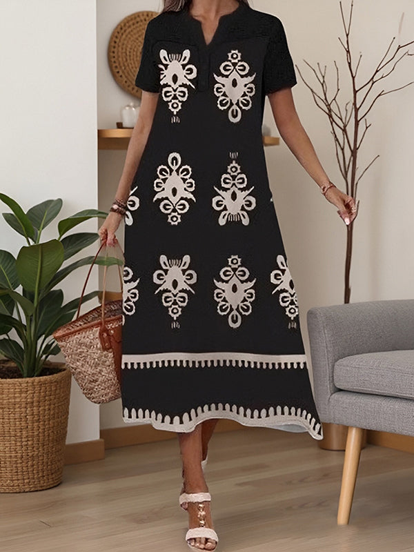 Printed Short-Sleeved Casual Long Dress