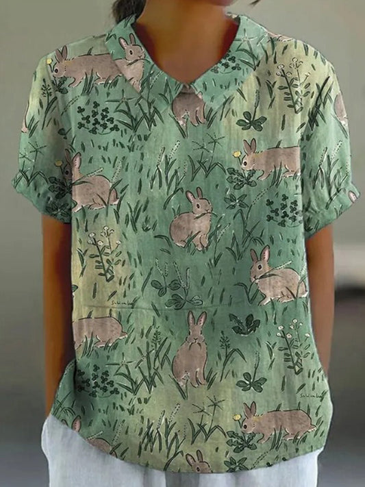 Green Grass Bunny Lapel Women's Cotton and Linen Top