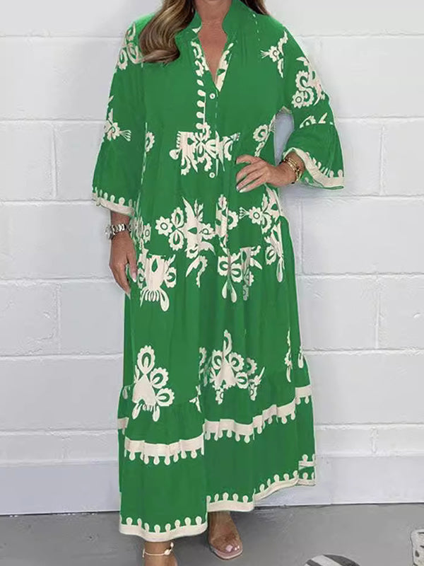 Elegant Printed Stand Collar Waist Dress