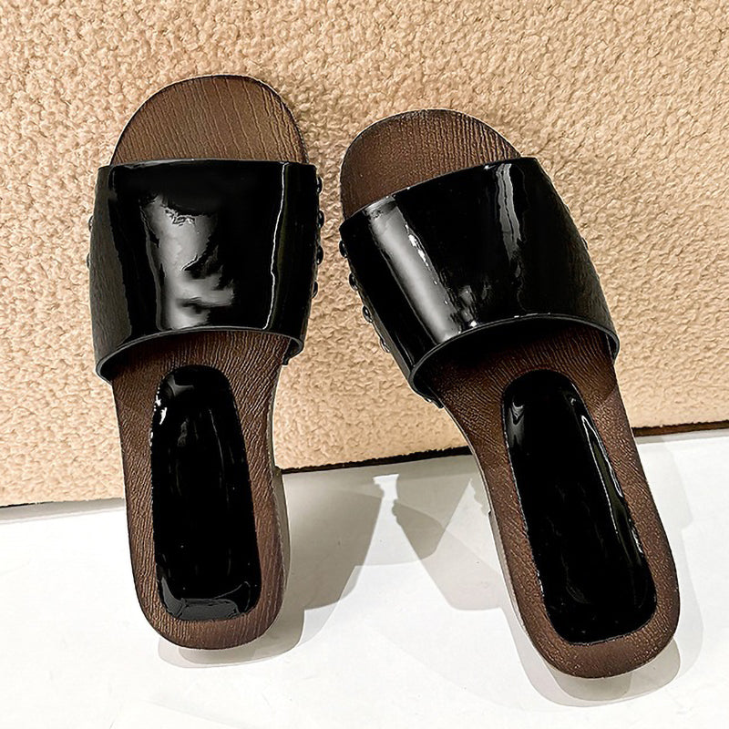 Non-Slip Wood Grain Thick-Soled Thick-Heeled Ladies Slippers