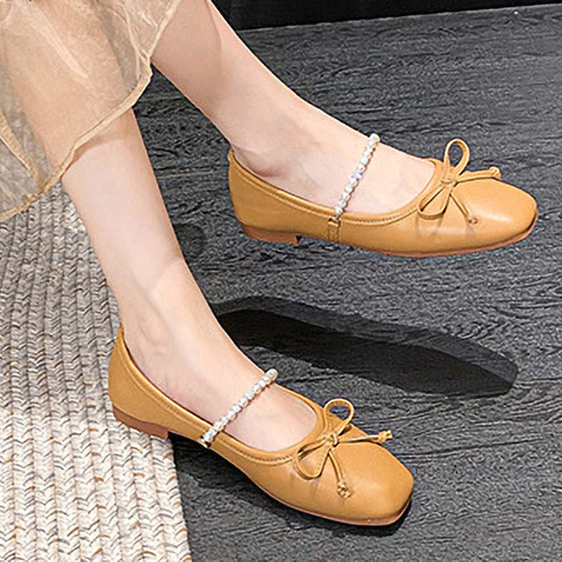 Square Toe Bow Pearl Rhinestone Chain Slip-On Shoes