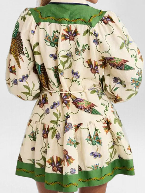 New Lace-up Printed Lapel Pleated Dress