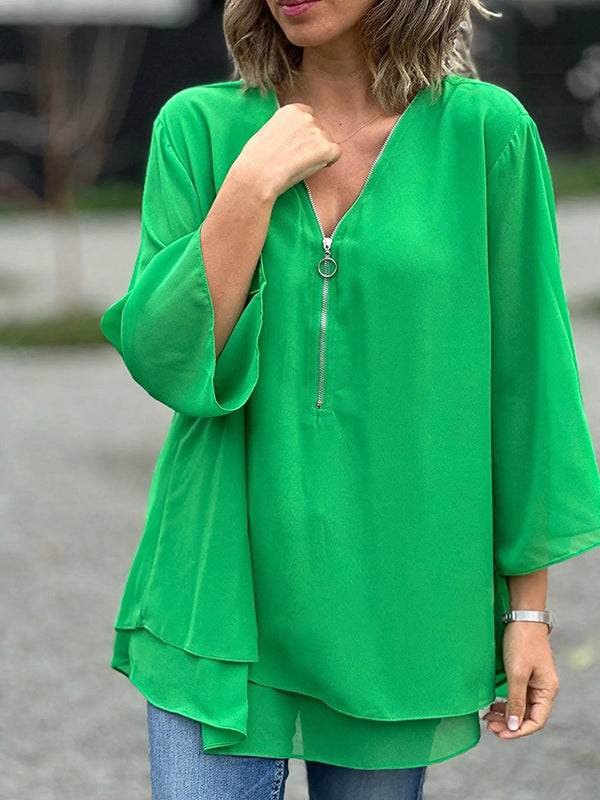Thick Sole Double Chiffon Zip-Up Top