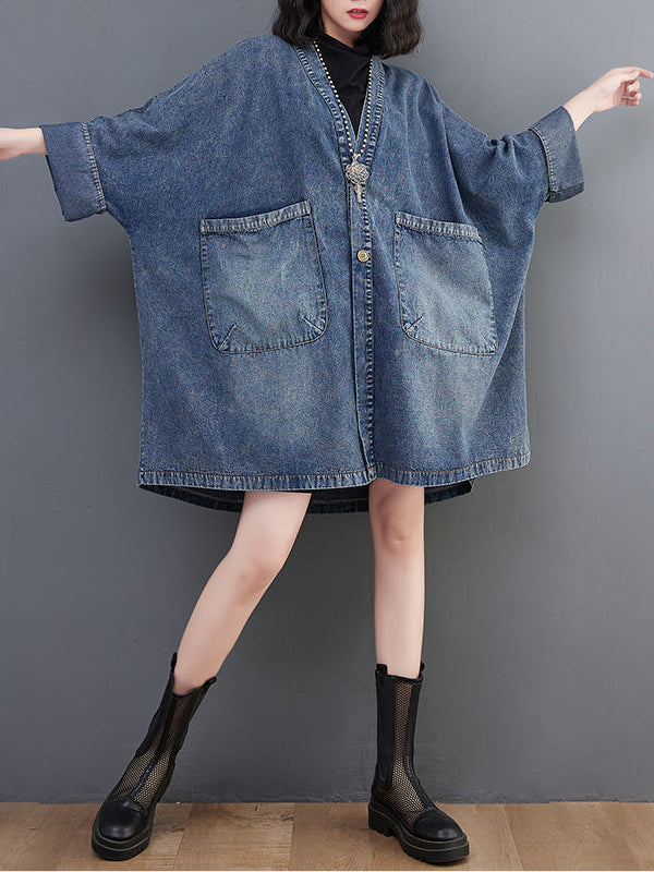 V-Neck Pocket Denim Trench Coat