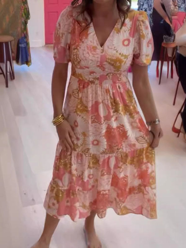 New V-Neck Floral Print Long Dress