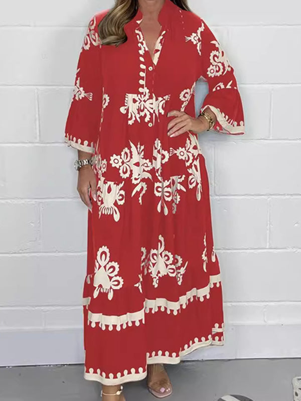 Elegant Printed Stand Collar Waist Dress