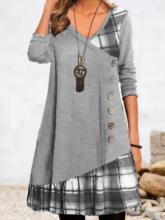 New Style Stitching Decorative Button Plaid Print Dress