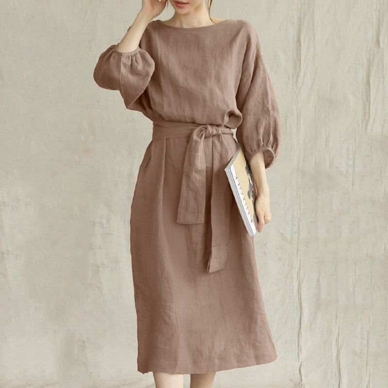 Belted Solid Color Crew Neck Dress