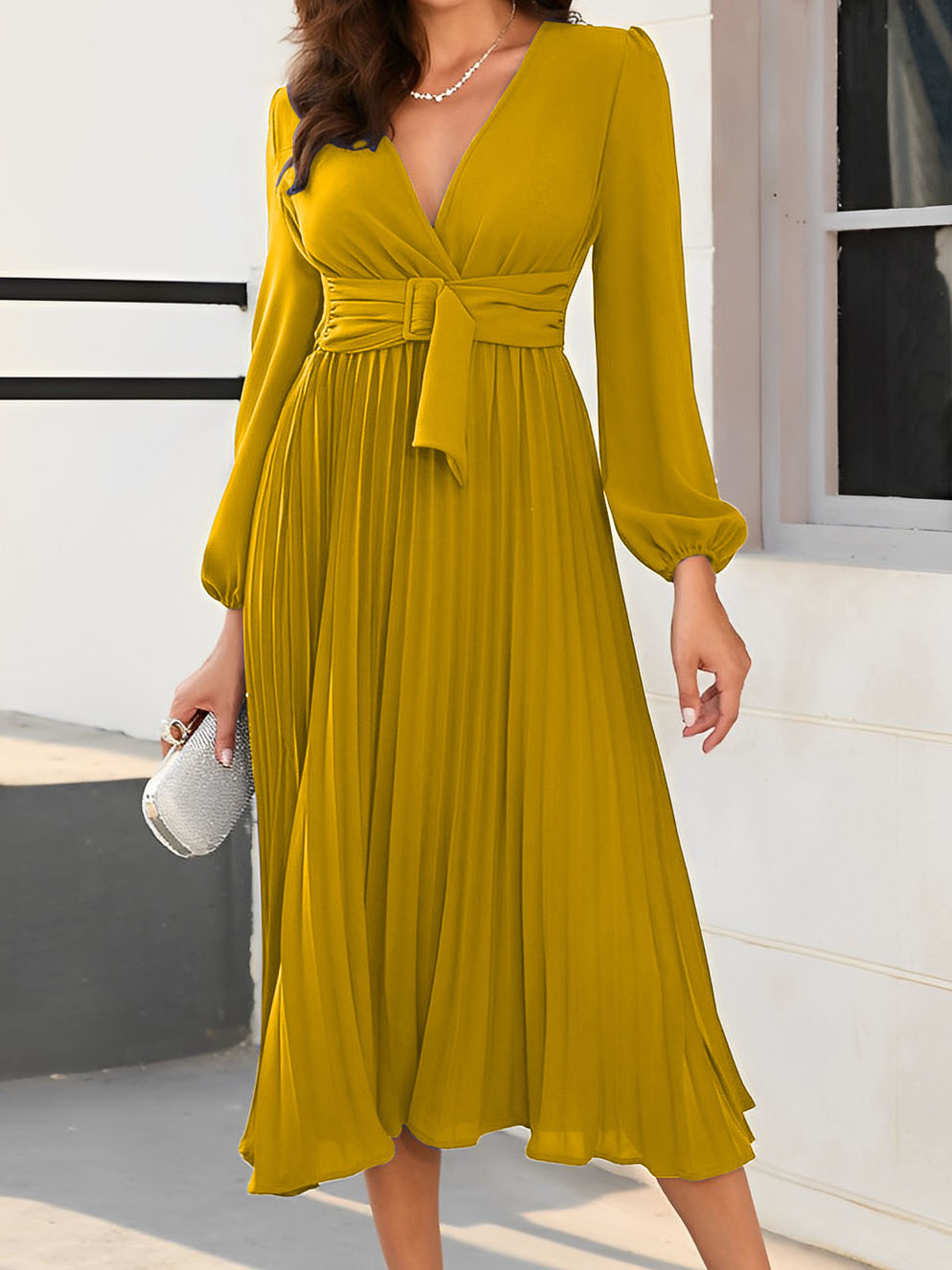 Long Sleeve Pleated V-Neck Dress