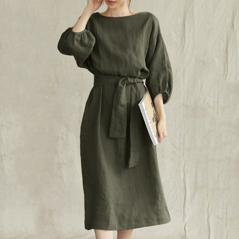 Belted Solid Color Crew Neck Dress