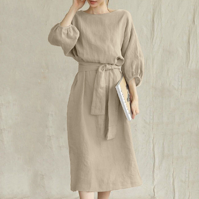 Belted Solid Color Crew Neck Dress