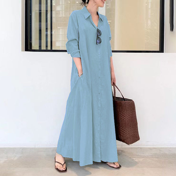 Solid Color Lapel Side Pocket Dress