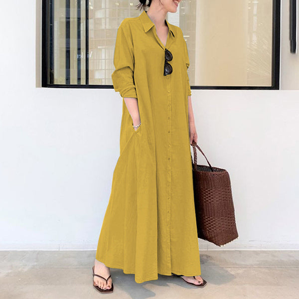 Solid Color Lapel Side Pocket Dress