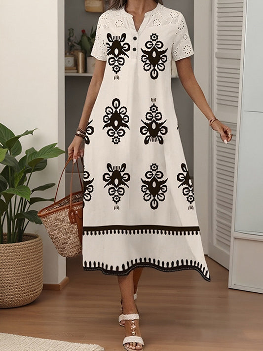 Printed Short-Sleeved Casual Long Dress