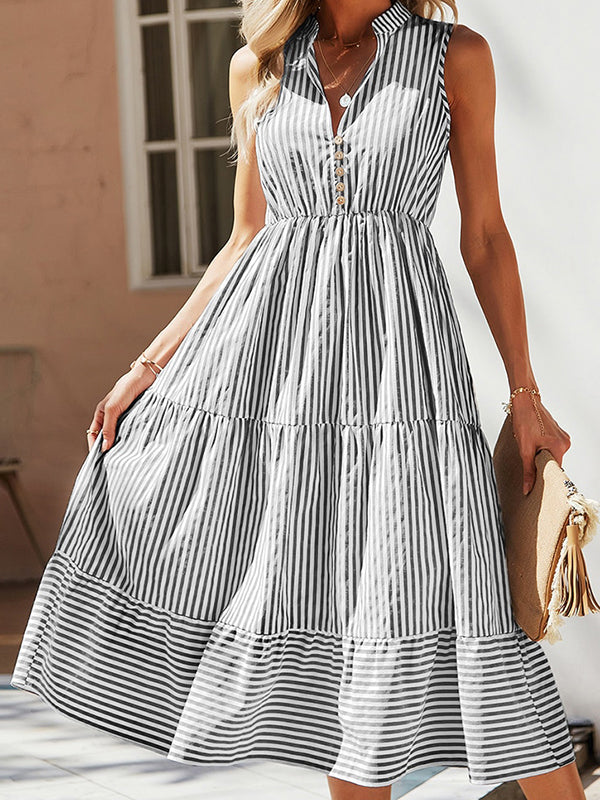 New Striped V-Neck Elastic Waist Dress