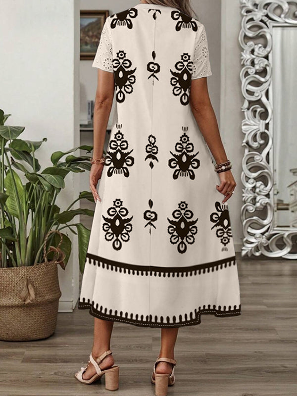 Printed Short-Sleeved Casual Long Dress