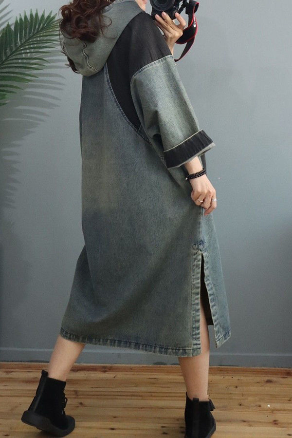 Color Block Denim Hooded Dress
