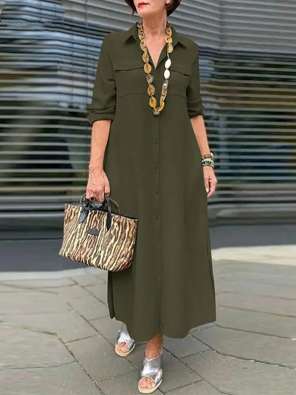 Elegant Solid Color Button Lapel Dress