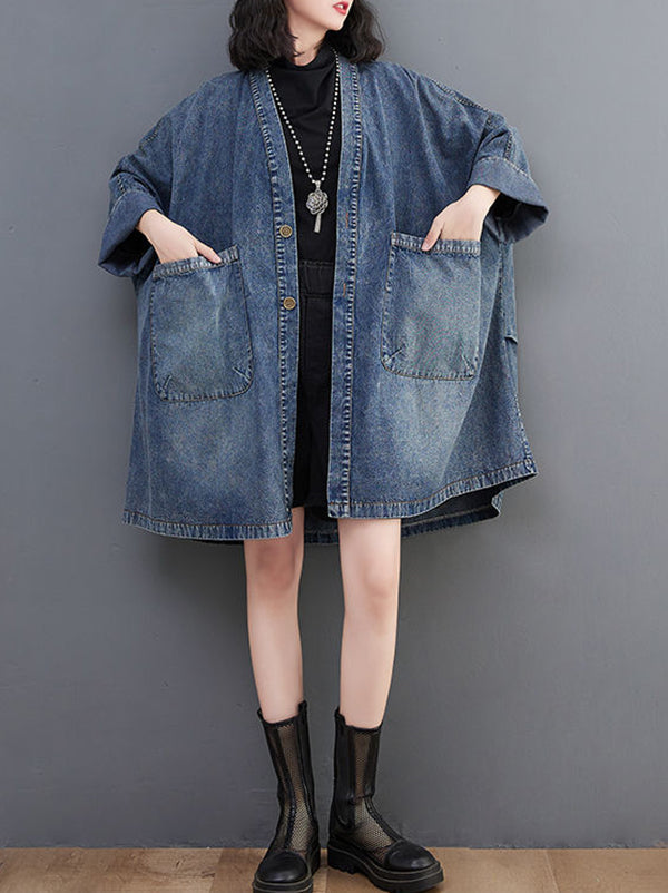 V-Neck Pocket Denim Trench Coat