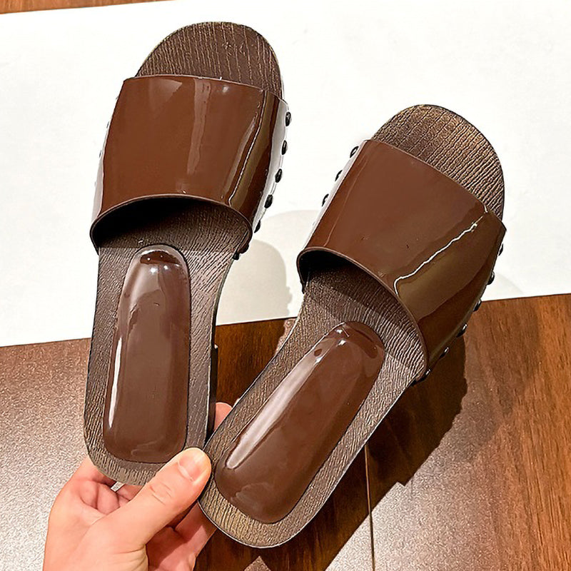 Non-Slip Wood Grain Thick-Soled Thick-Heeled Ladies Slippers