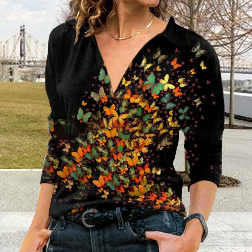 Printed Lapel Women's Tops