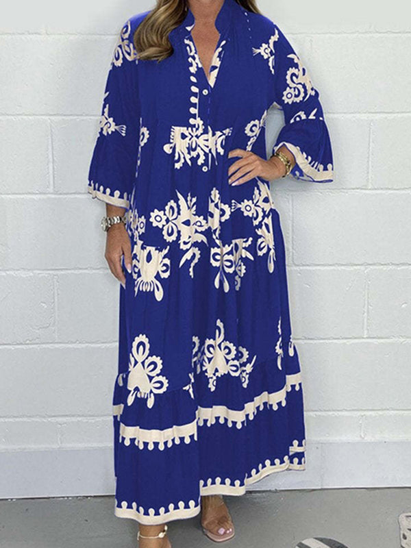 Elegant Printed Stand Collar Waist Dress