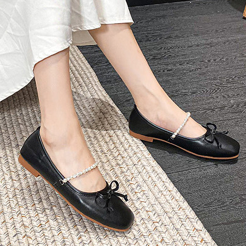 Square Toe Bow Pearl Rhinestone Chain Slip-On Shoes