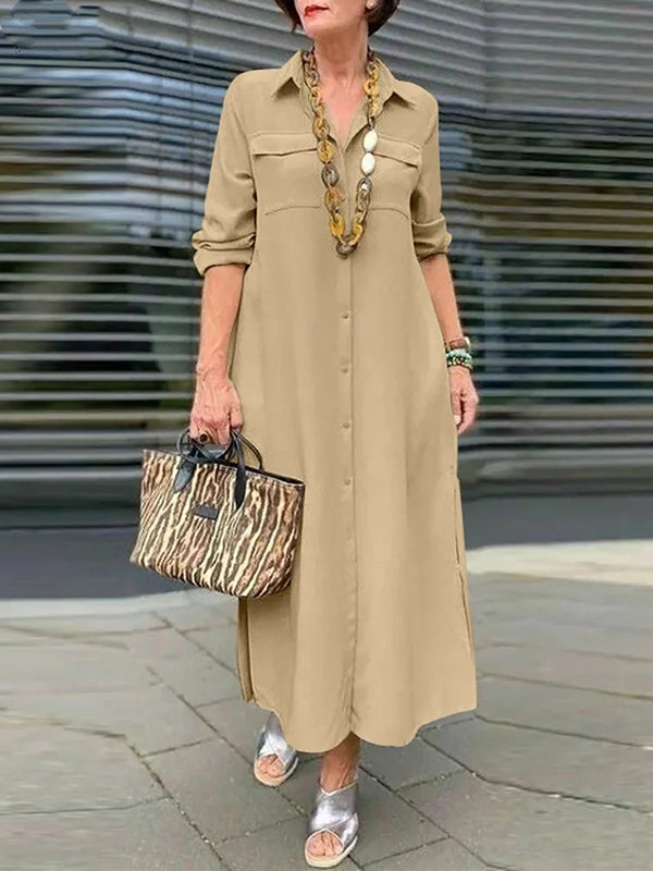 Elegant Solid Color Button Lapel Dress