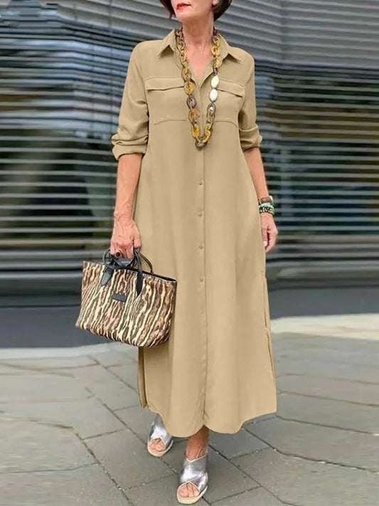 Elegant Solid Color Button Lapel Dress