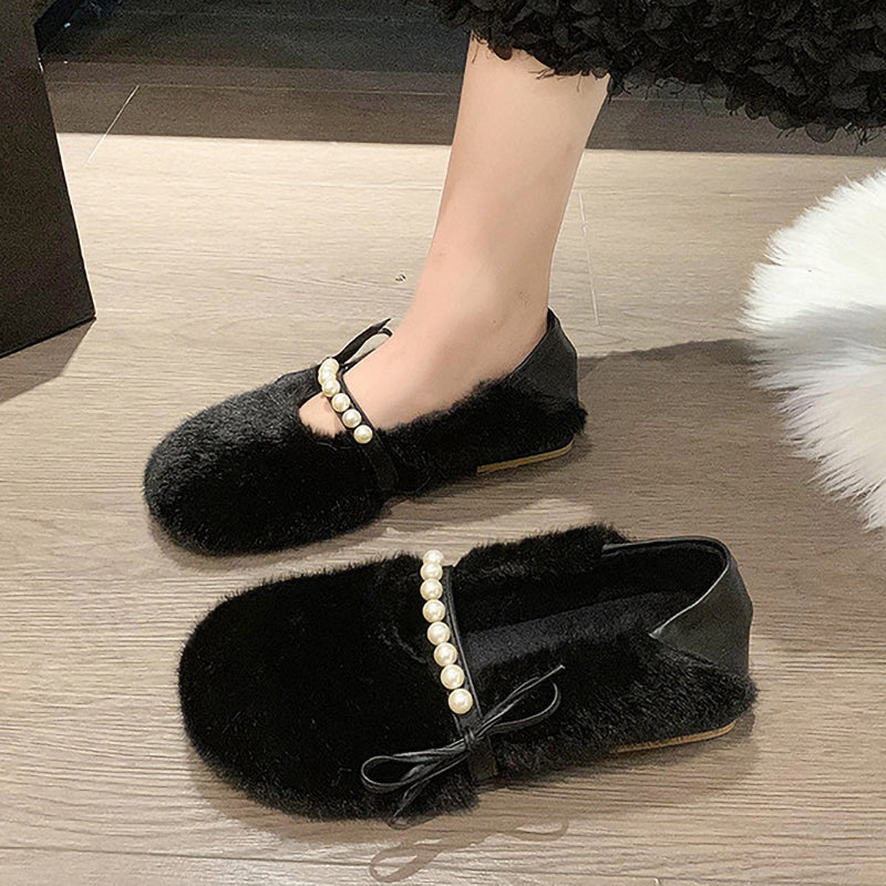 Plush Pearl Bow Round Toe Slip-On Shoes