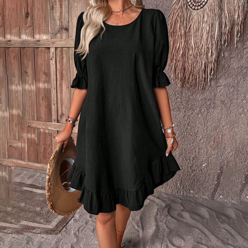 Elegant Round Neck Solid Color Dress