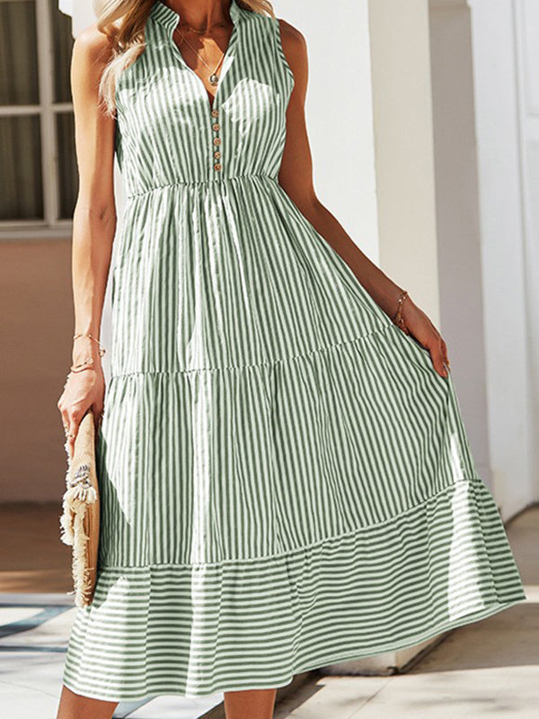 New Striped V-Neck Elastic Waist Dress