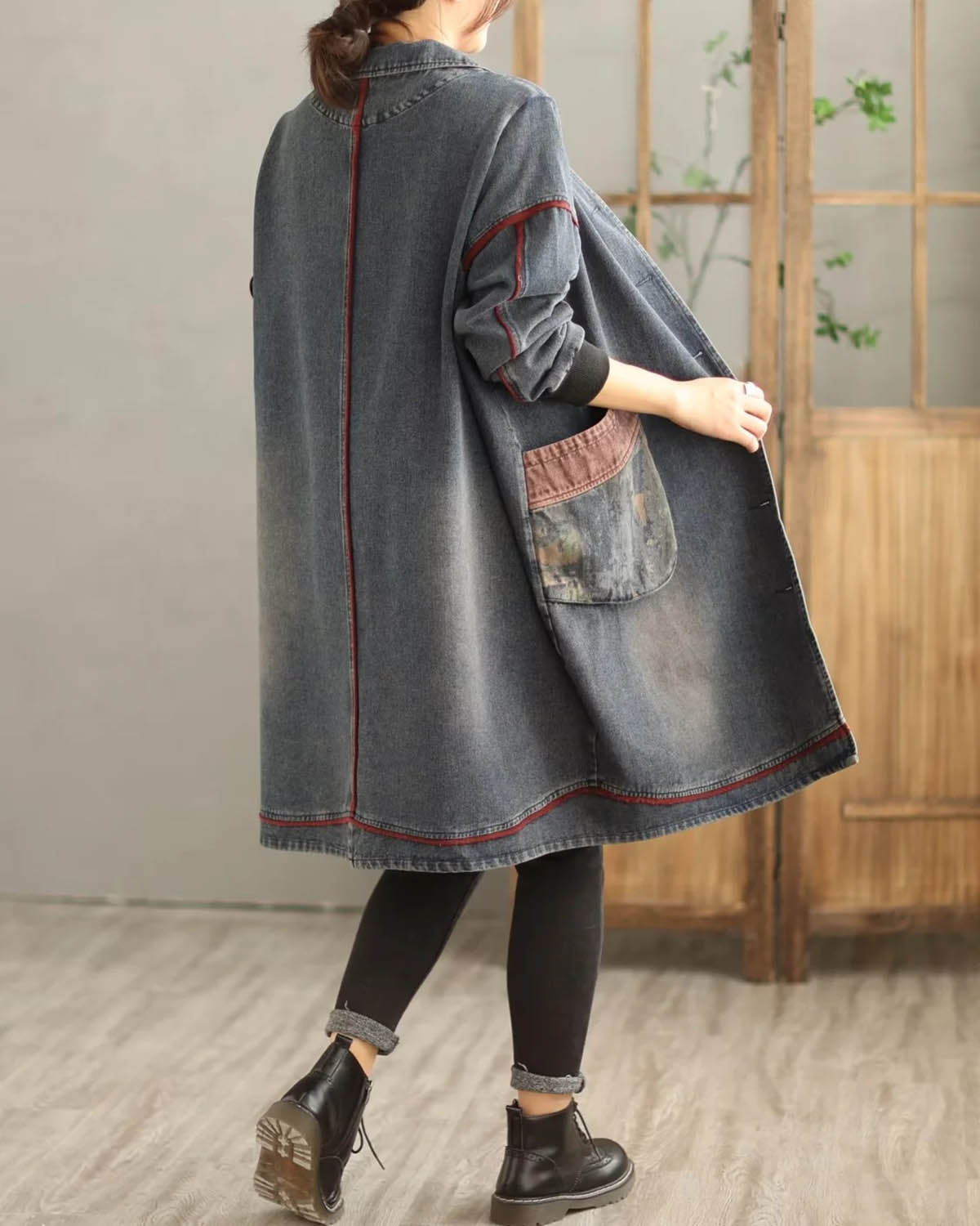 V-Neck Denim Trench Coat