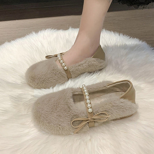 Plush Pearl Bow Round Toe Slip-On Shoes